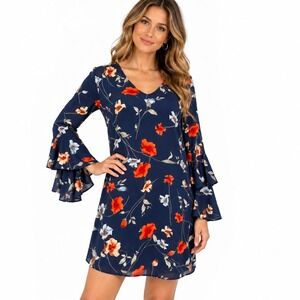Lulus Polyester Shift Dress Navy Blue Floral Ruffle Bell Sleeve XS Boho Mini